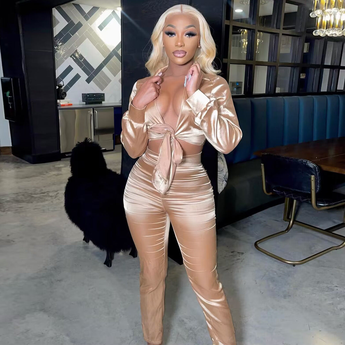 Sexy v-neck tie slim two-piece suit 4