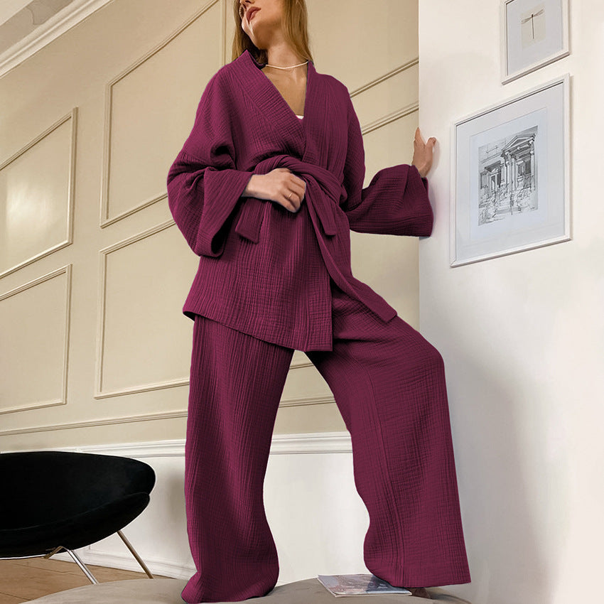 Spring Pajamas Sleepwear Long Sleeve Top Loose Trousers Ladies Solid Color Nightgown Home Absorbent Sweat Steaming Clothes Women 16