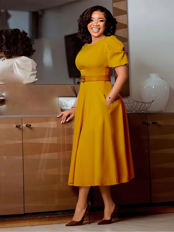 Women's Round Neck Chic Elegant Slim Waist Puff Sleeve A-Line African Dress 6
