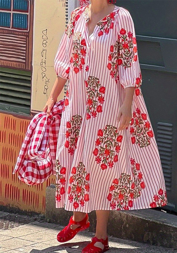 Women Casual Holiday V-Neck Three-Quarter Sleeve Dress