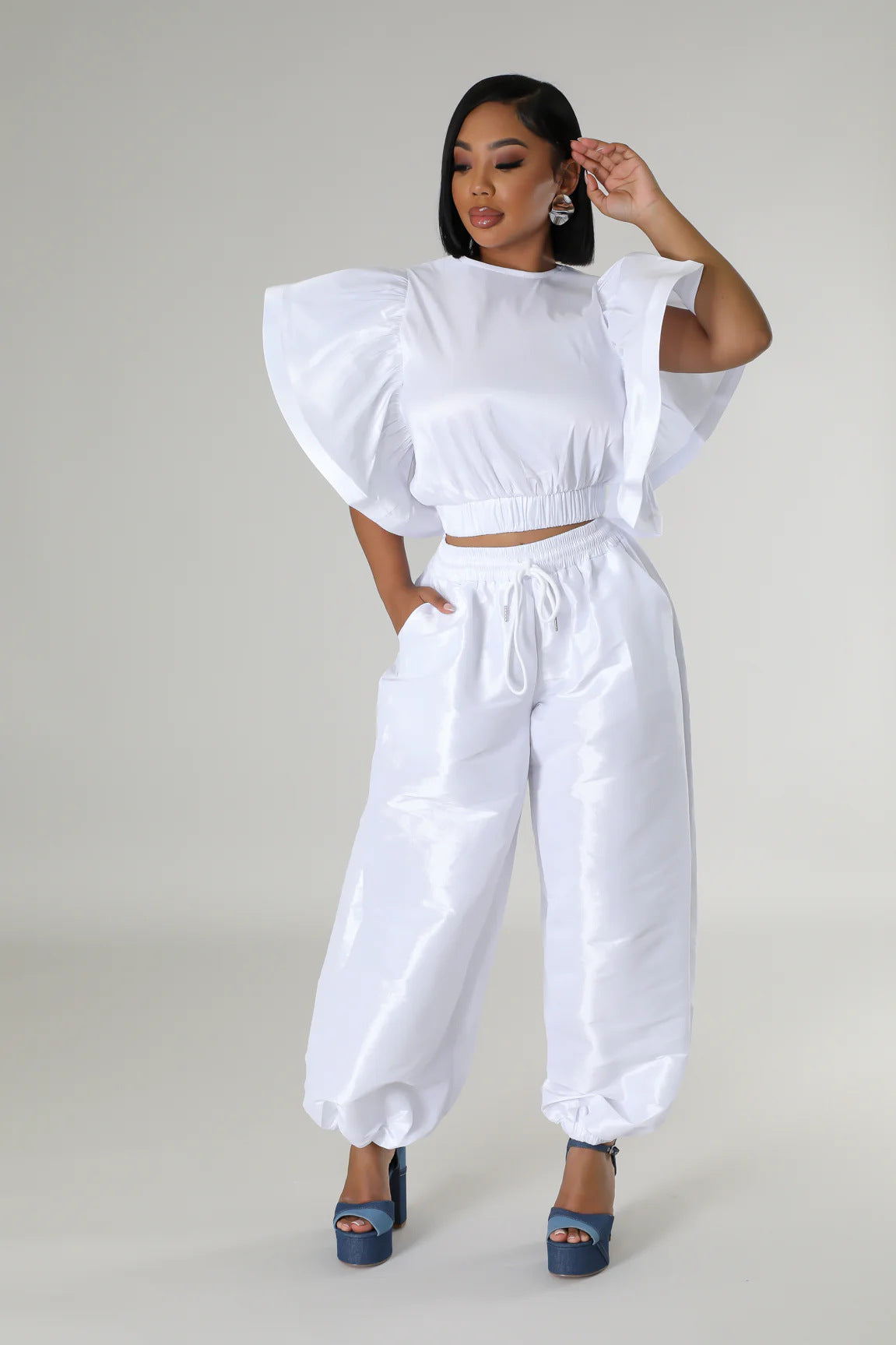 Women Ruffle Edge Sleeve Lace-Up Top and Elastic Pants Two-piece Set 13