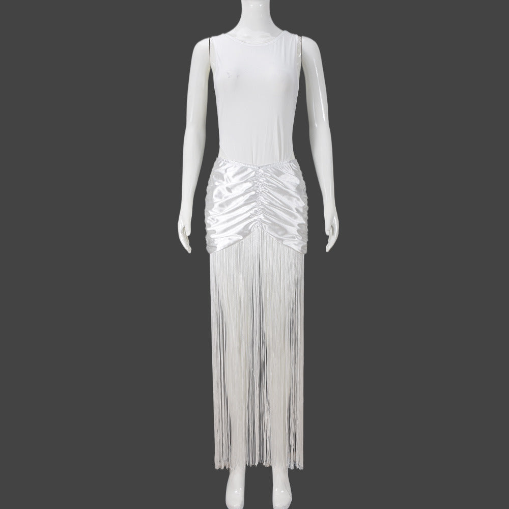 Women's Autumn Sleeveless Slim Fit Bodysuit Sexy Fringe Skirt Set 9