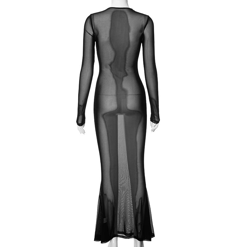 Spring Women's Fashionable Sexy See-Through  Mesh Long-Sleeved Slim Dress 8