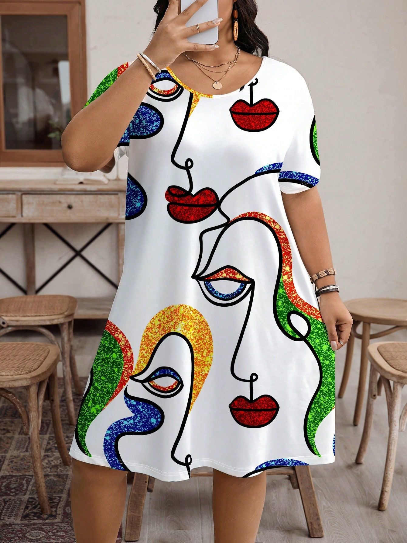 Plus Size Women Round Neck Printed Short Sleeve Dress