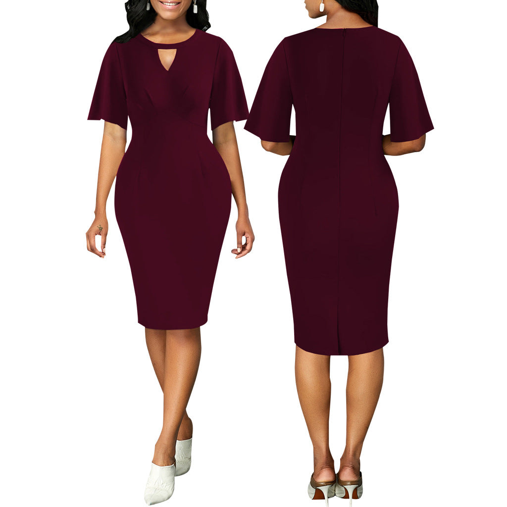 Women Sexy Solid Round Neck Short Sleeve Dress 11