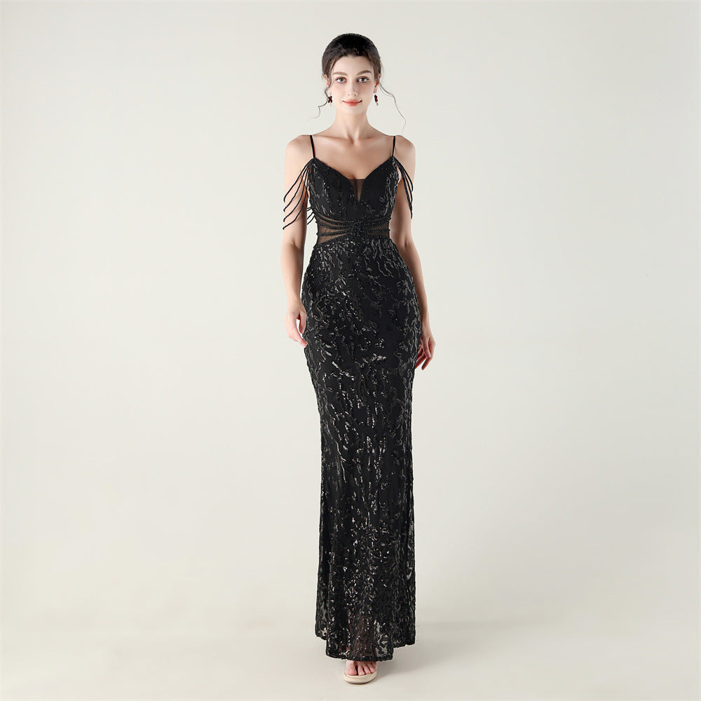 Beaded Sequin Fishtail Evening Dress Wedding Formal Party Gown 16