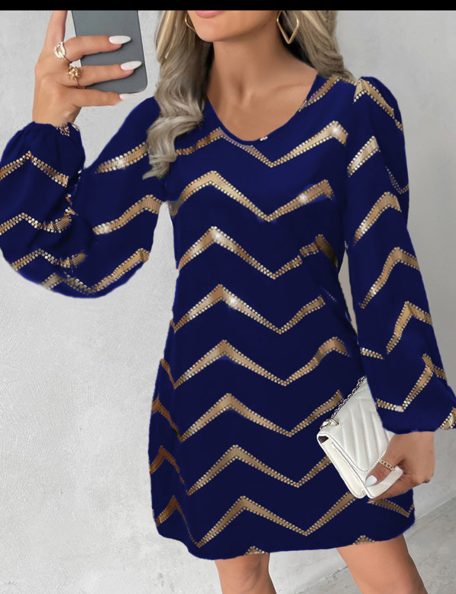 Women long sleeve printed u-neck puff sleeve dress 4
