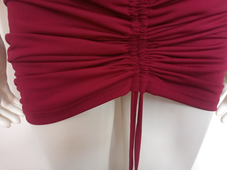 Women Off Shoulder Halter Neck Drawstring Pleated Bodycon Dress 15