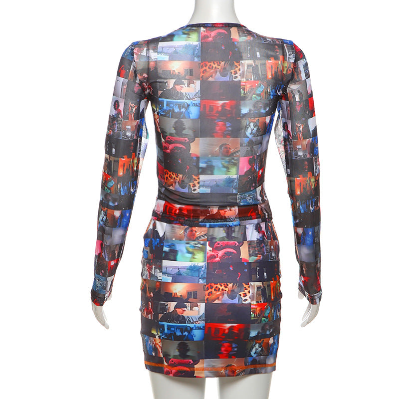 Autumn Women's Fashion Printing High Waist Slim Skirt Set 8