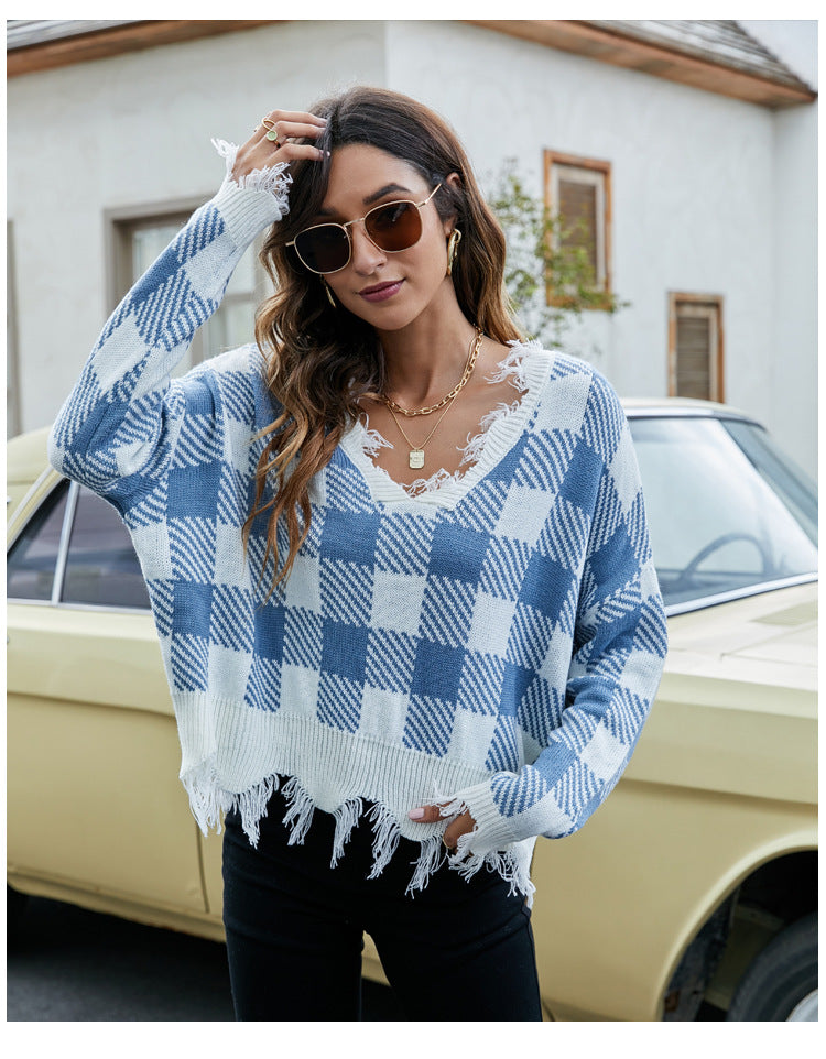 Women Loose V-Neck Tassel Crop Sweater 34