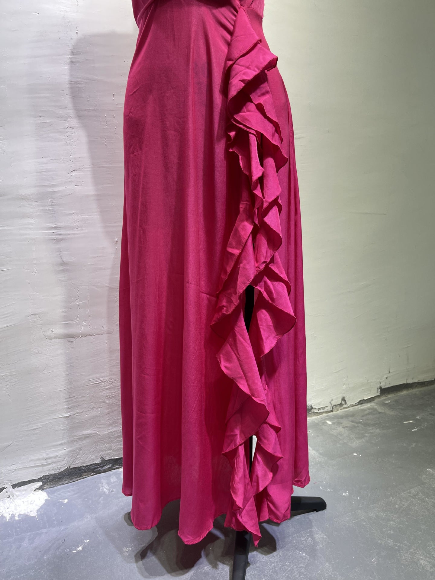 Women Summer Sling V-Neck High Waist Ruffle Irregular Slit Long Skirt 13