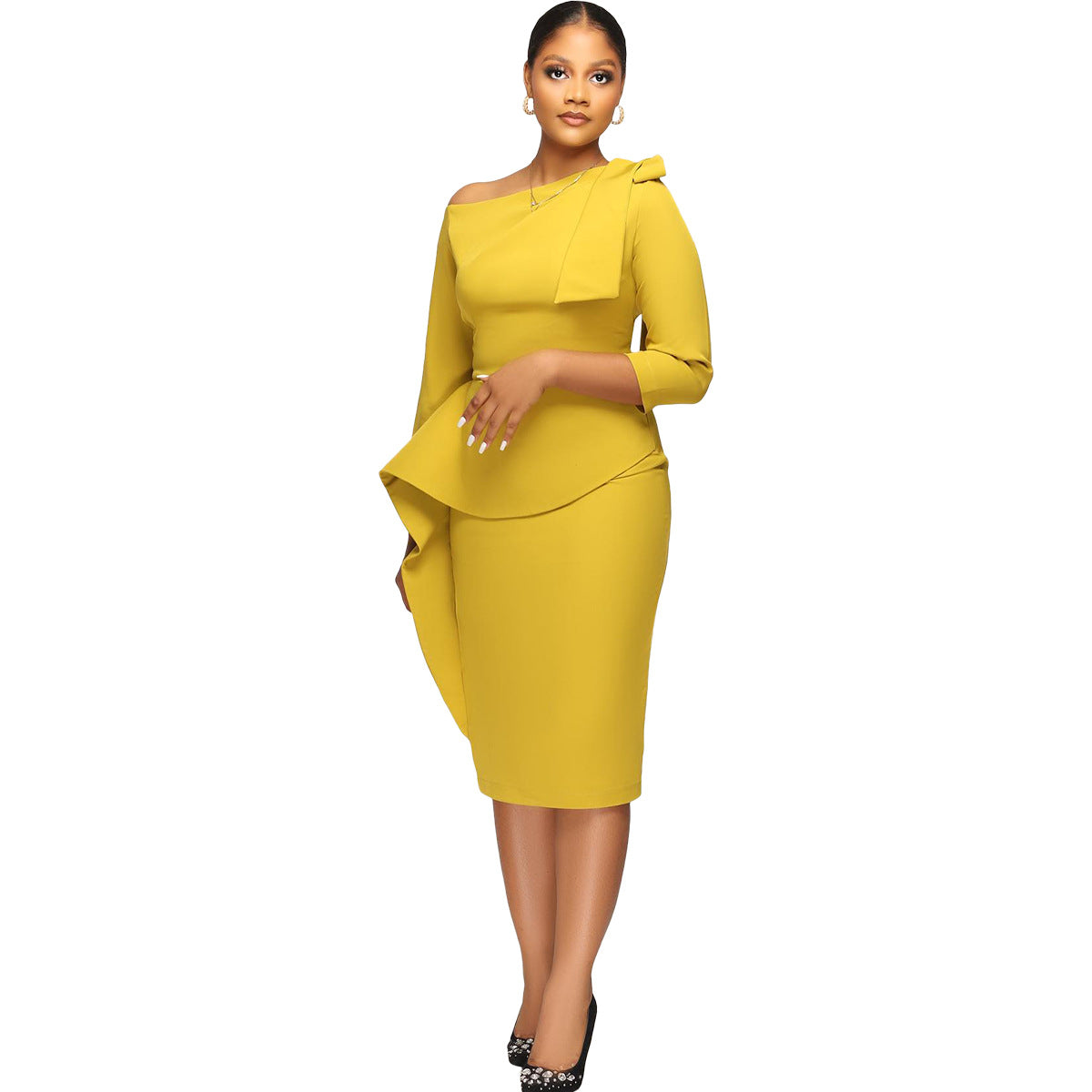 Women Irregular off-the-shoulder three-quarter sleeve dress 3