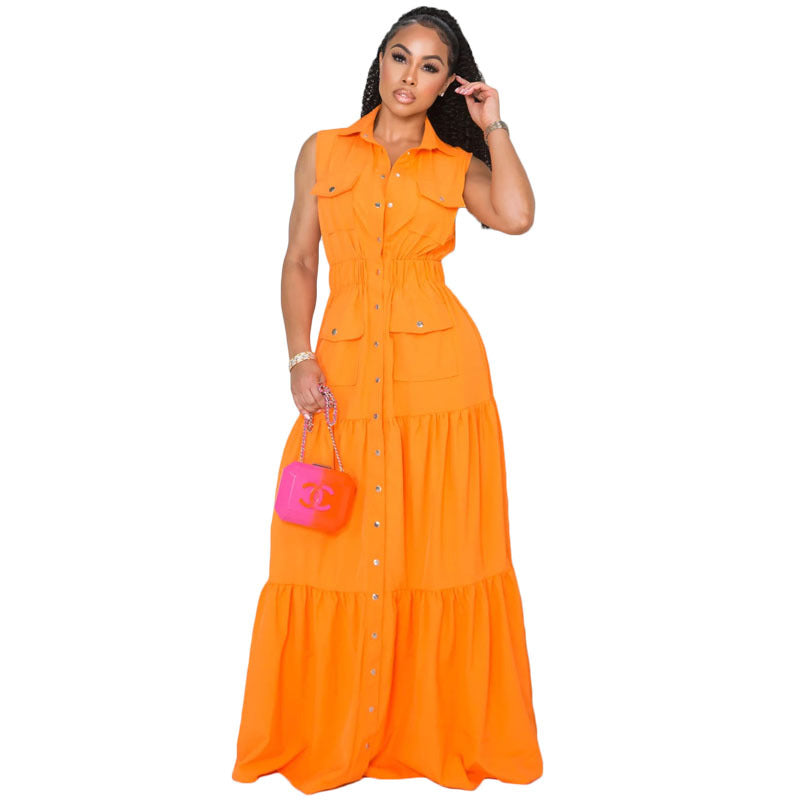 Women's Fashion Sexy Turndown Collar Single-Button Elastic Waist Flared Dress 9