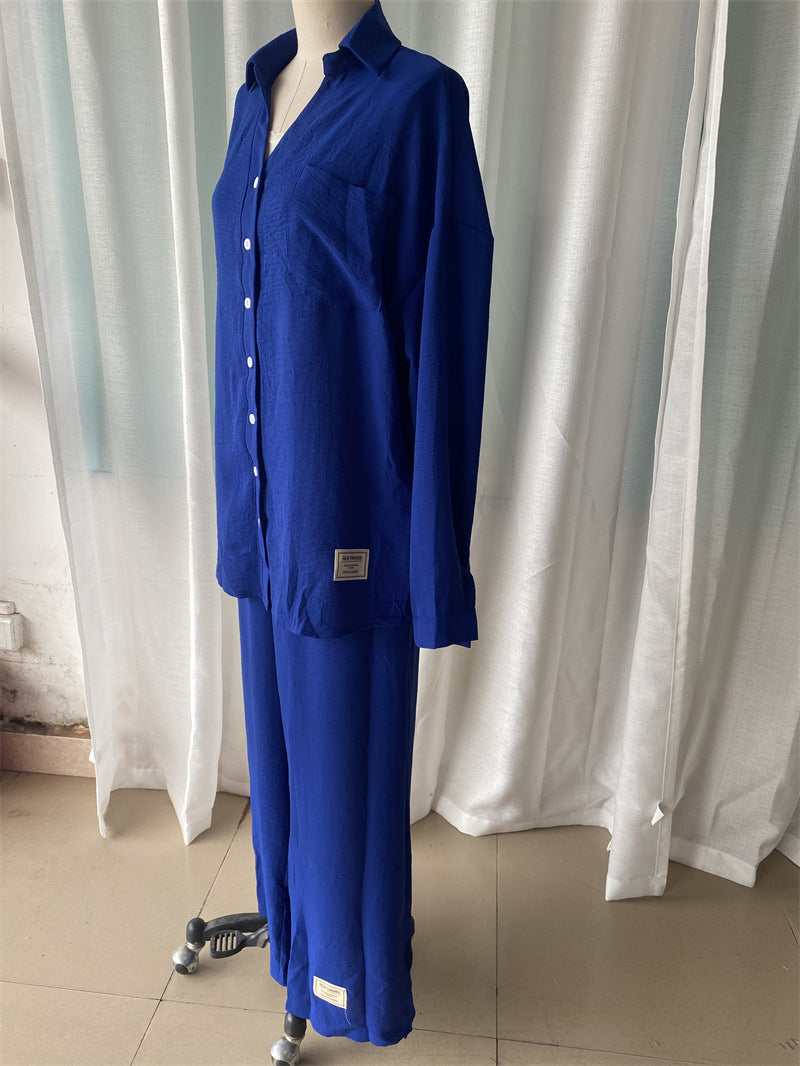 Plus Size Women loose long-sleeved shirt and slit wide-leg pants two-piece set 17