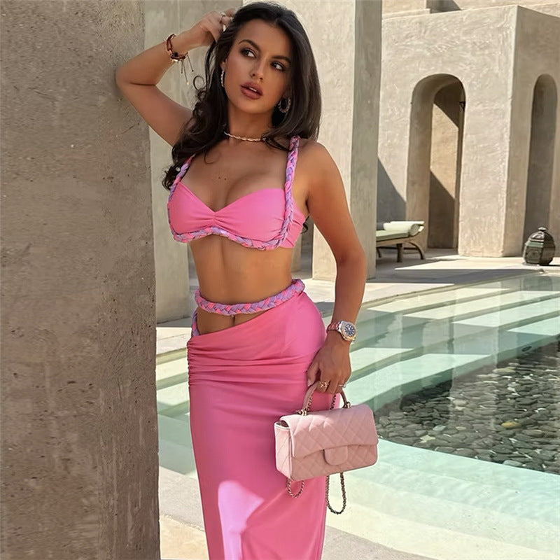 Spring/Summer Women's Contrast Color Tank Top and Sexy Slim Side Slit Skirt Set 4