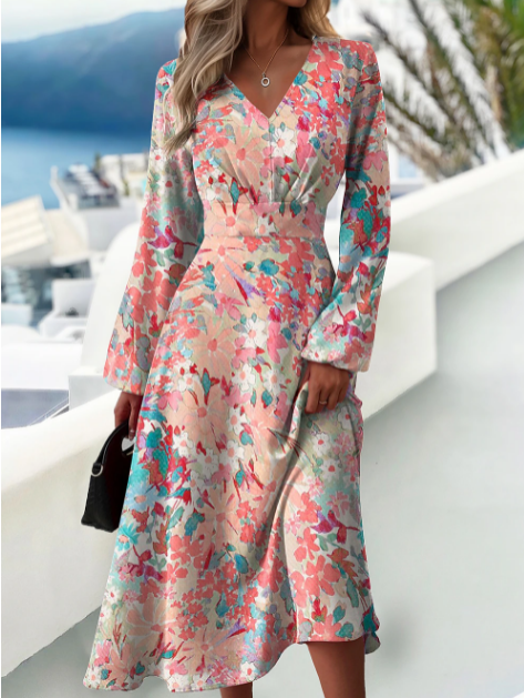 Autumn and winter fashion Chic elegant printed v-neck long-sleeved dress 4