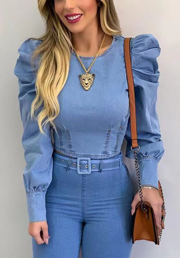 Women Denim Long Sleeve Solid Puff Sleeve Crop Shirt