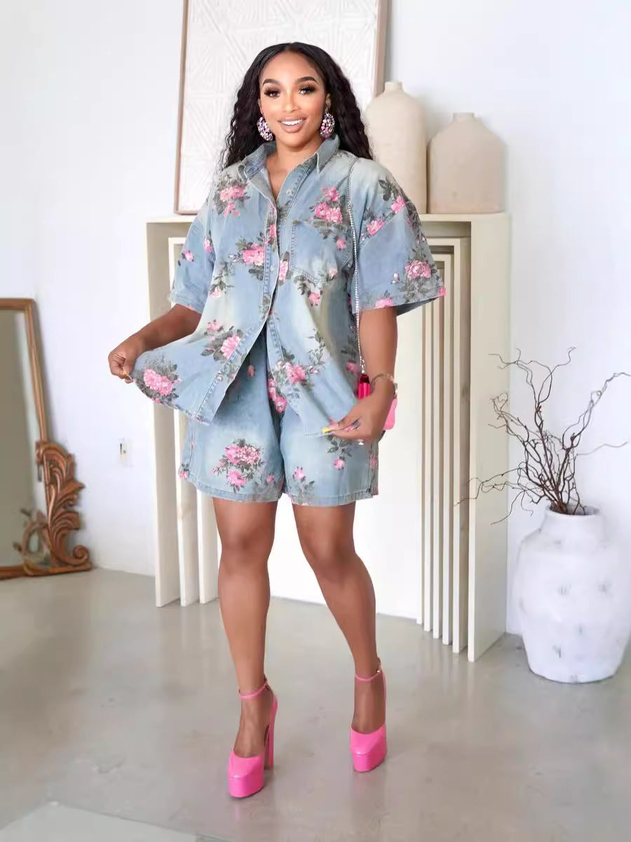 Women Denim Floral Shirt and Shorts Two-Piece Set 4
