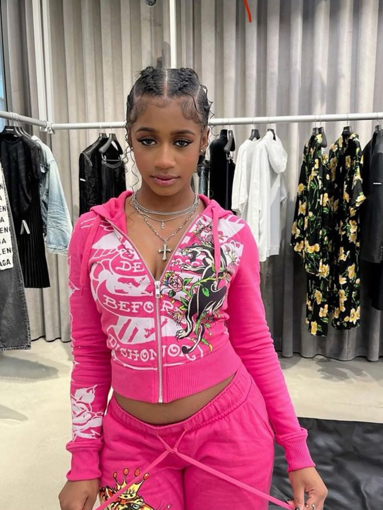 Women Printed Zipper Top and High Waist Straight Pants Two-piece Set 6