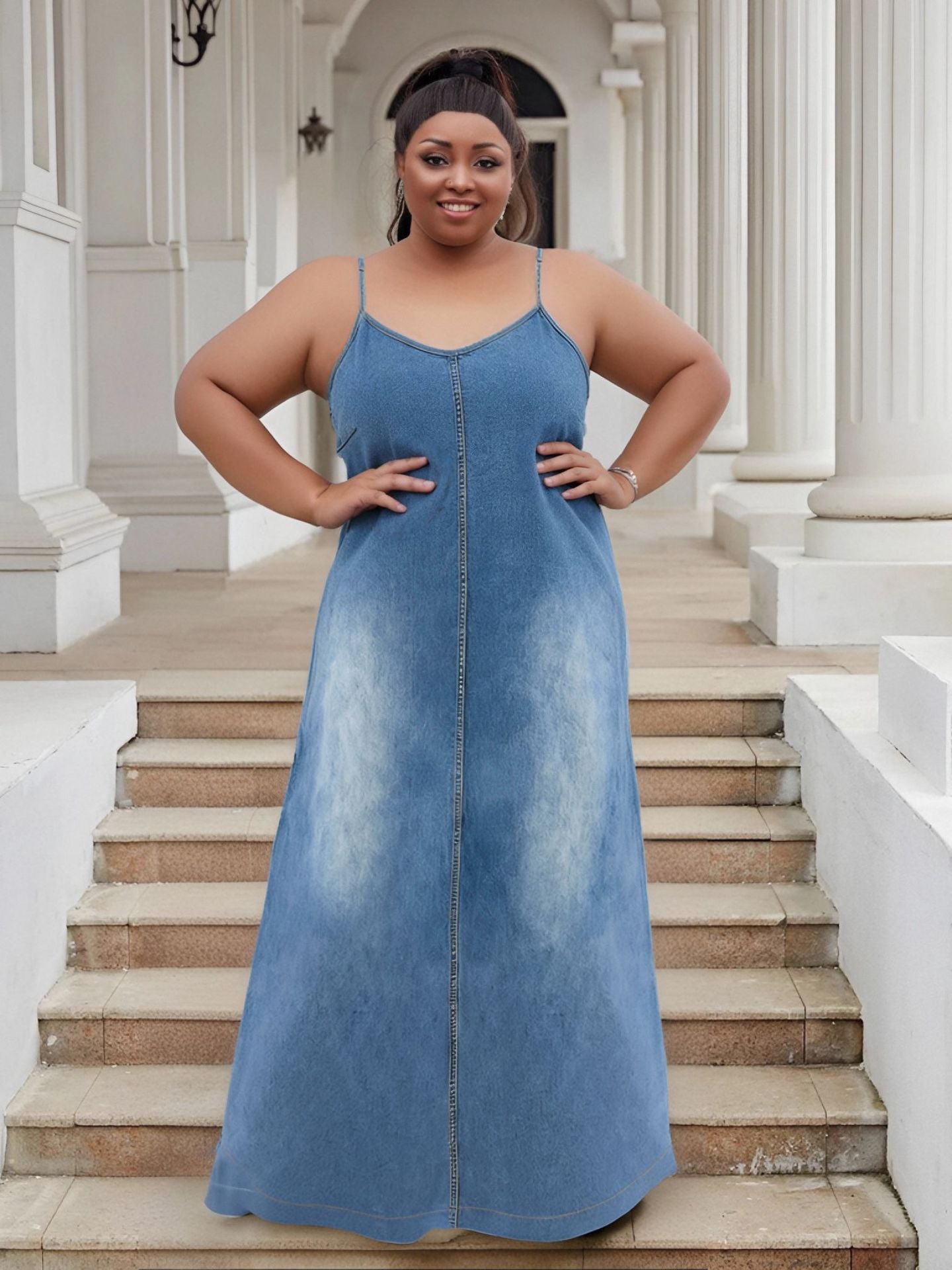 Plus-Size Women V-Neck Strappy Casual Denim Dress 6