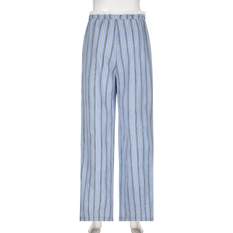 Women Summer Multi-Color Striped Lace Up Loose Wide Leg Pants 10