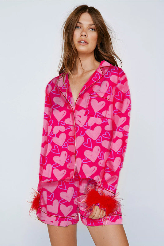 Women's Satin Print Casual Long-Sleeved Home Clothes Pajamas Set 3