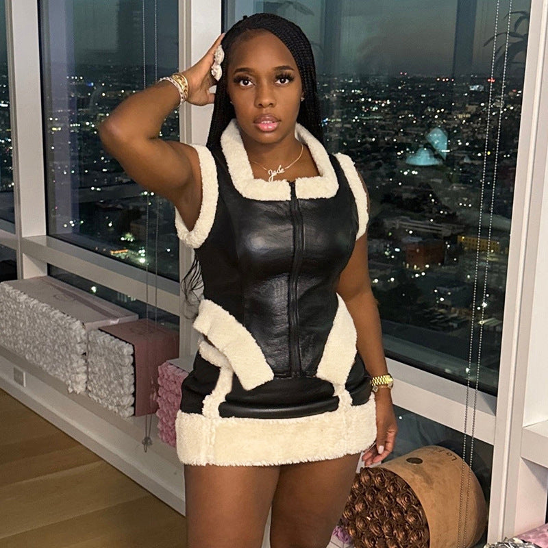 Women zipper fur edge patchwork pu-leather top and skirt two-piece set 3