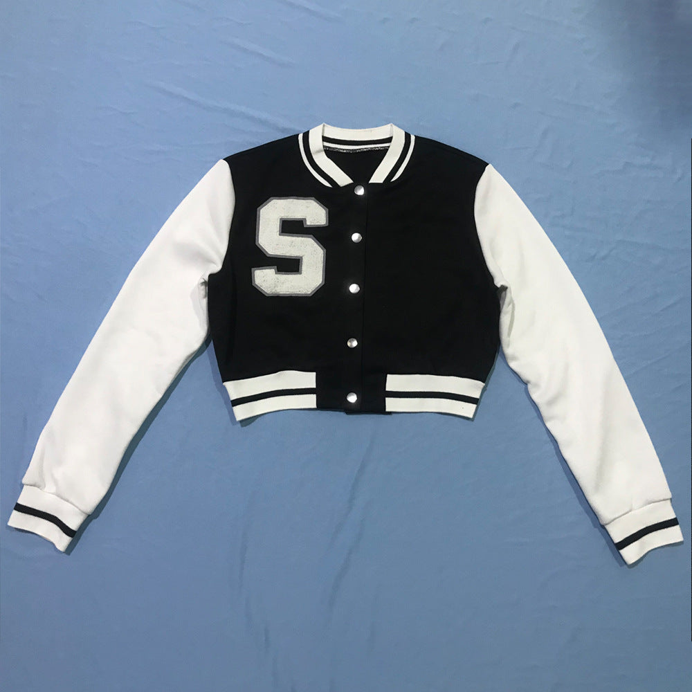 Women Solid Patchwork Letter Button Loose Baseball Jacket 13