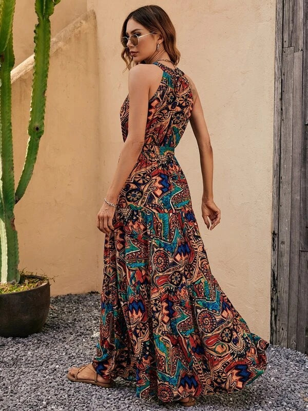 Women Printed Retro Halter Neck Bohemian Dress 13