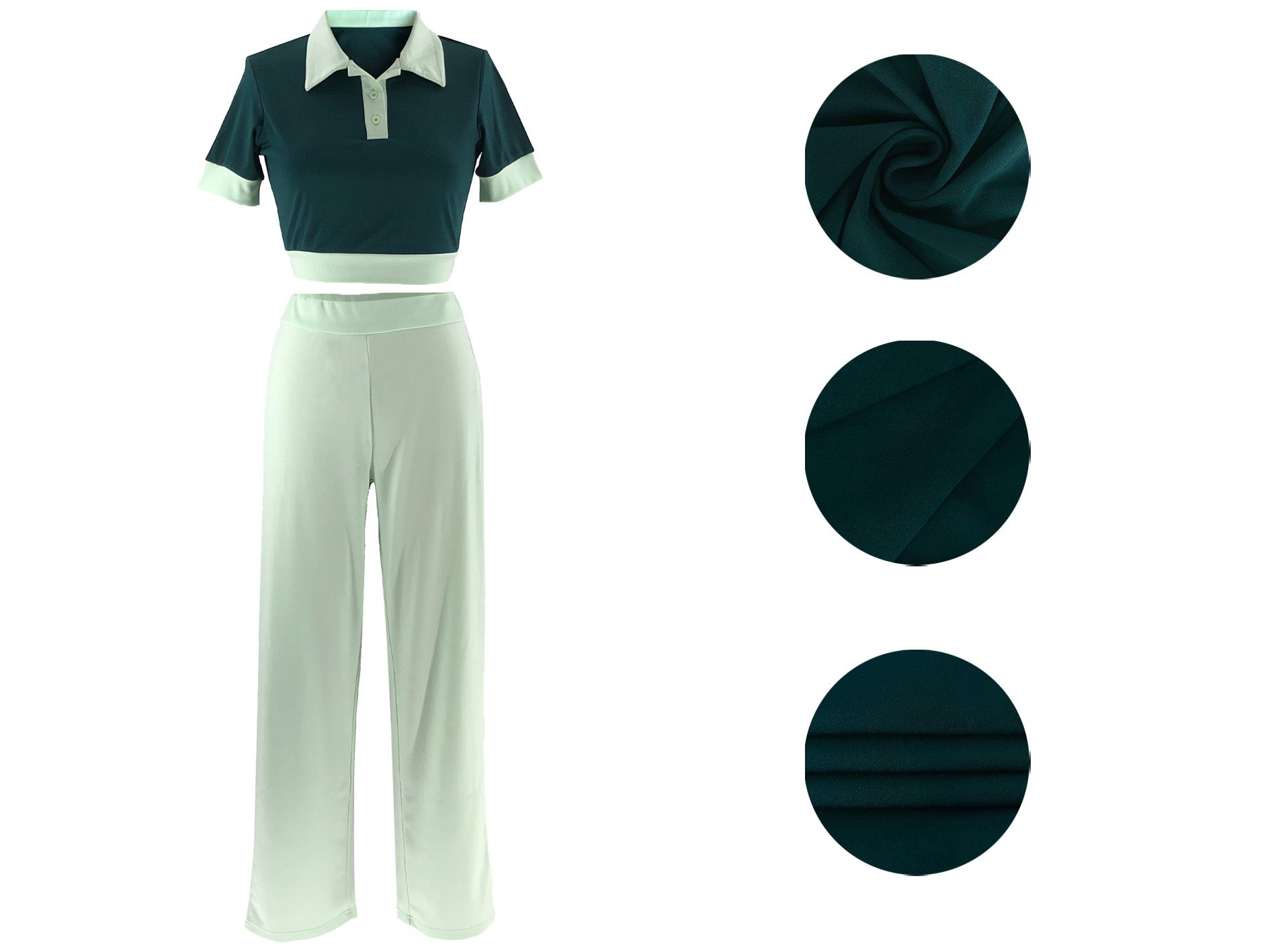 Women's Summer Patchwork Contrast Color Turndown Collar Short Sleeve Top Wide Leg Pants Fashion Two Piece Set 13