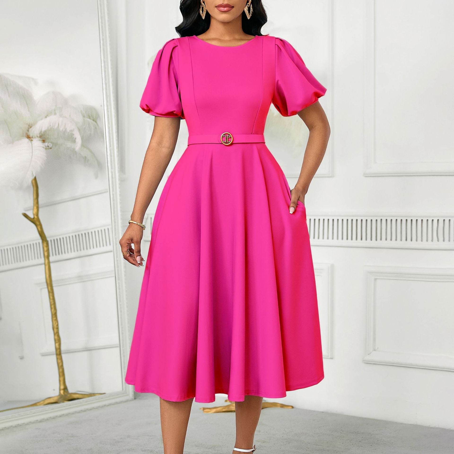 Women's Summer Trendy Puff-Sleeve Elegant High-Waist Solid Round Neck A-line African Dress 8