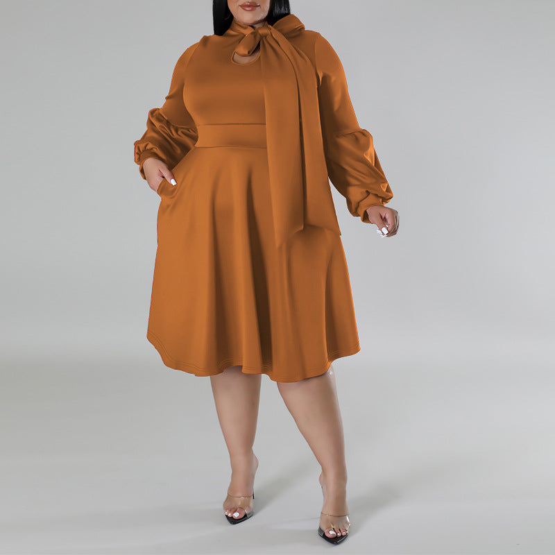 Plus Size Women's tied Neck Puff Long Sleeve A-line Dress 5