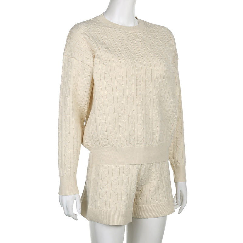 Comfortable Casual Solid Color Sweater Suit Autumn Round Neck Loose Top High Waist Shorts Two-Piece Trendy Set 10