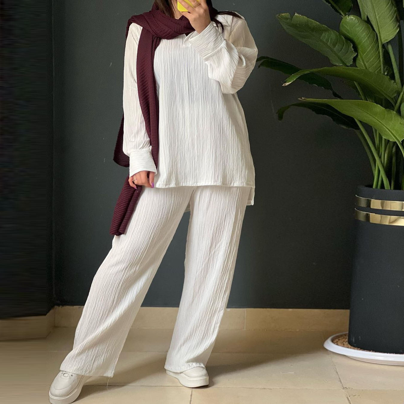 Women Autumn Casual Long Sleeve Turndown Collar Irregular Shirt and Pants Two-piece Set 11