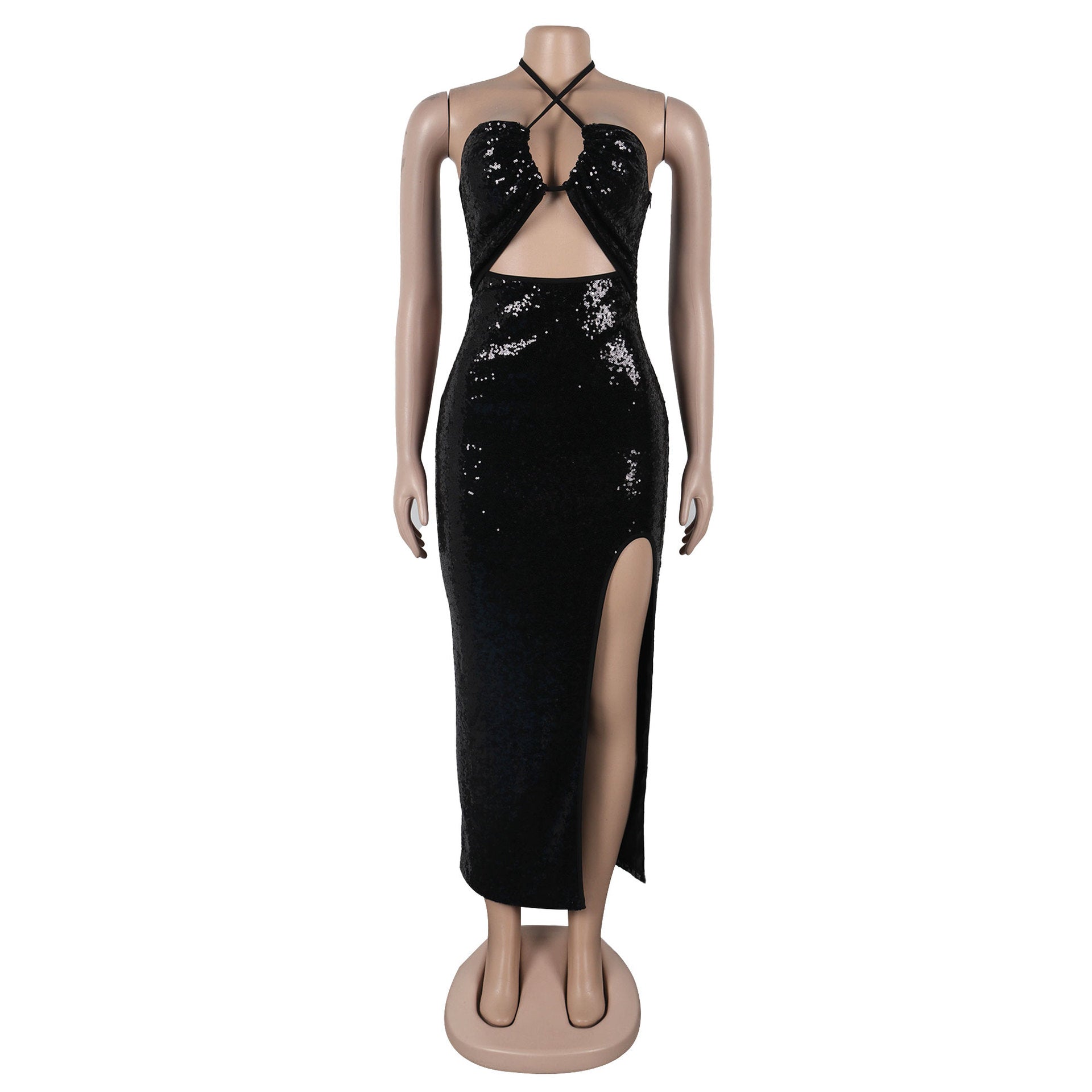 Lace-Up Halter Neck Slit Slim Sequin Dress 7