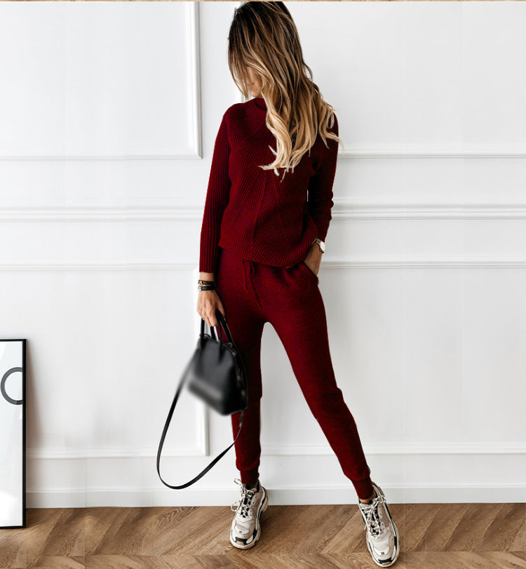 Women turtleneck Solid Casual sweater + trousers two-piece set 4