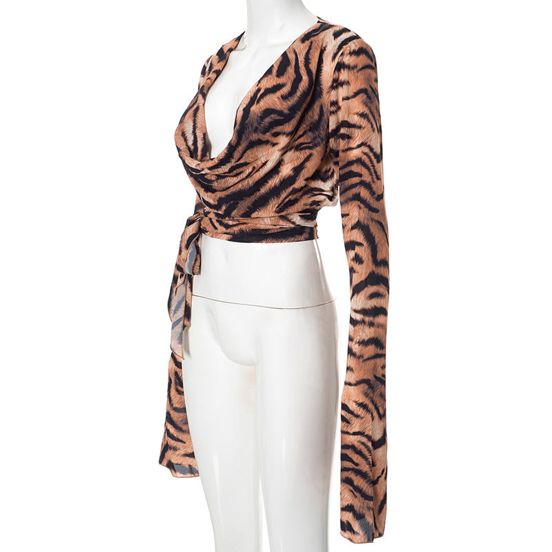 Women Tiger Print Slit Swinging Collar Lace-Up Sexy mesh long-sleeved top 7