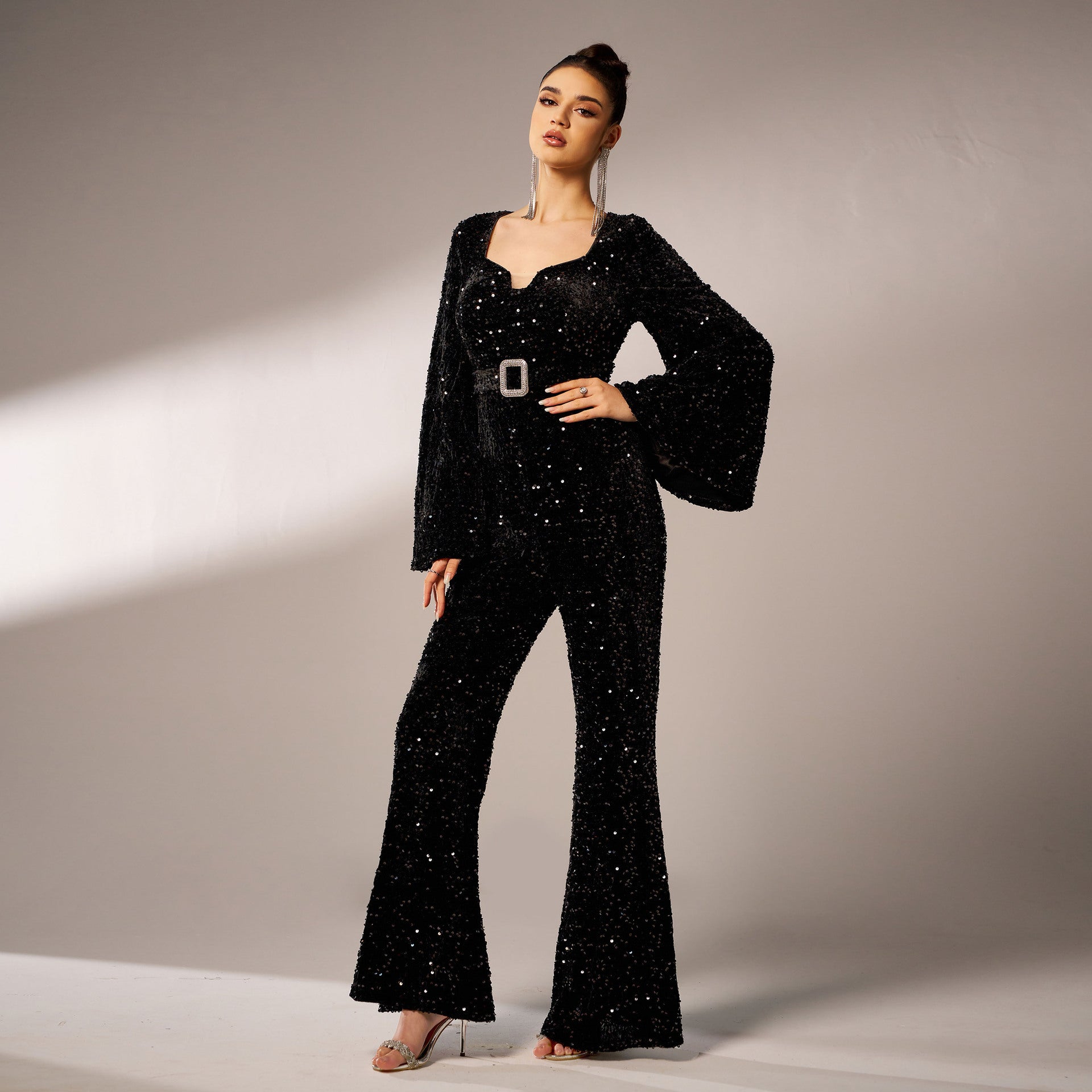 Women long sleeve square neck Bodycon Formal Party sequined Jumpsuit 5