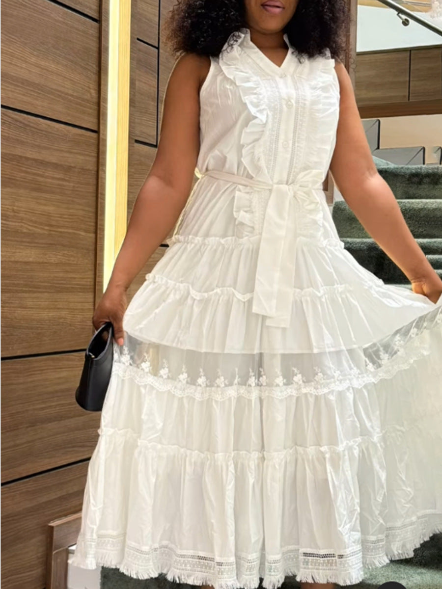 Women's Sleeveless Ruffle Chic Slim Waist Fashion Long Dress 11