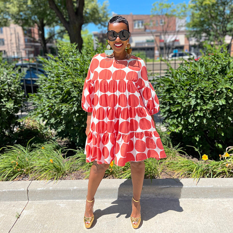 Summer Women Large Polka Dot Loose Round Neck Half-Sleeve Pleated Dress 4