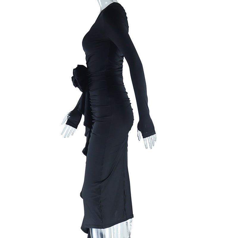 V-Neck Tight Fitting Long Sleeve Decorative Flower Irregular Bodycon Dress 10