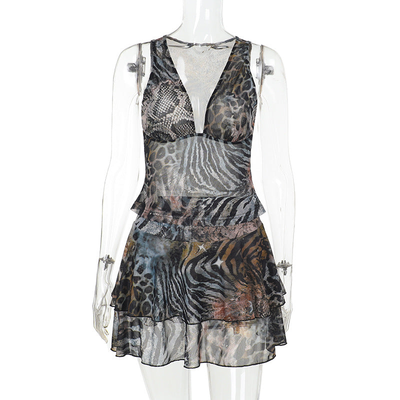 Women Holidays Patchwork Ruffle Edge Irregular V Neck Sexy Halter Neck Top and Skirt Two-piece Set 7