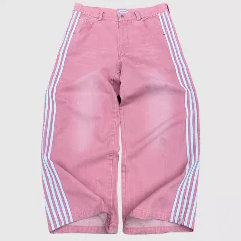 Women American Retro Casual Striped Denim Wide-leg Pants 4