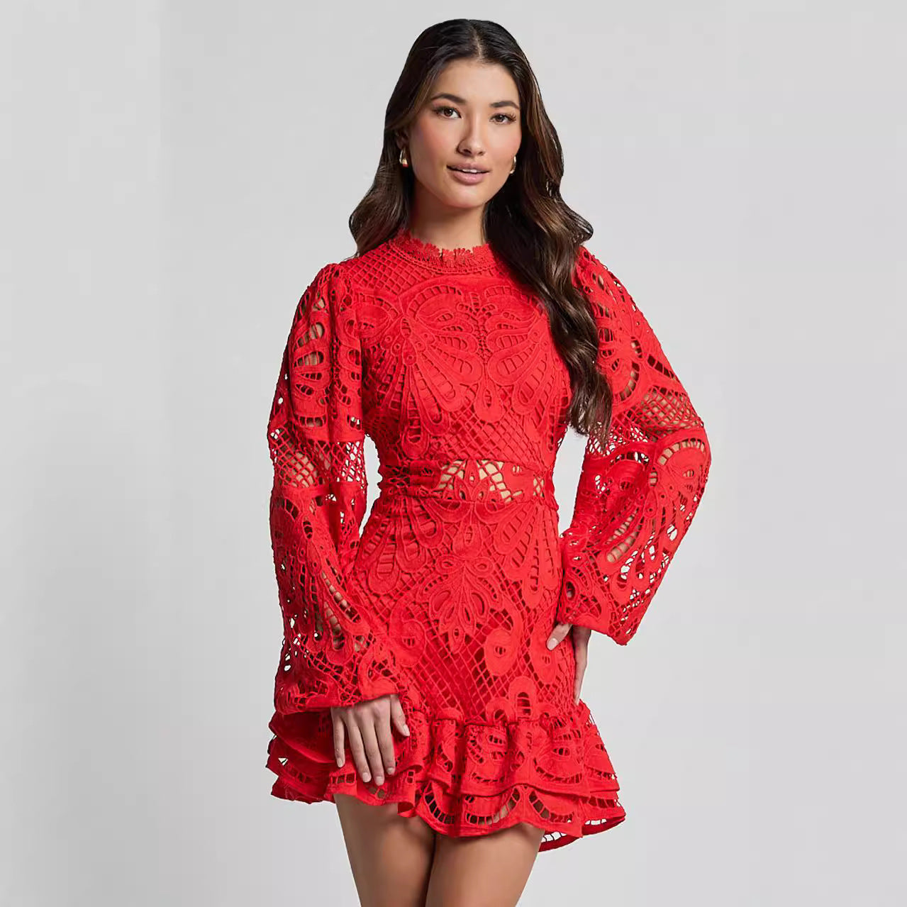 Stand Collar lace lantern long sleeve Slim Waist a-line ruffle dress 8