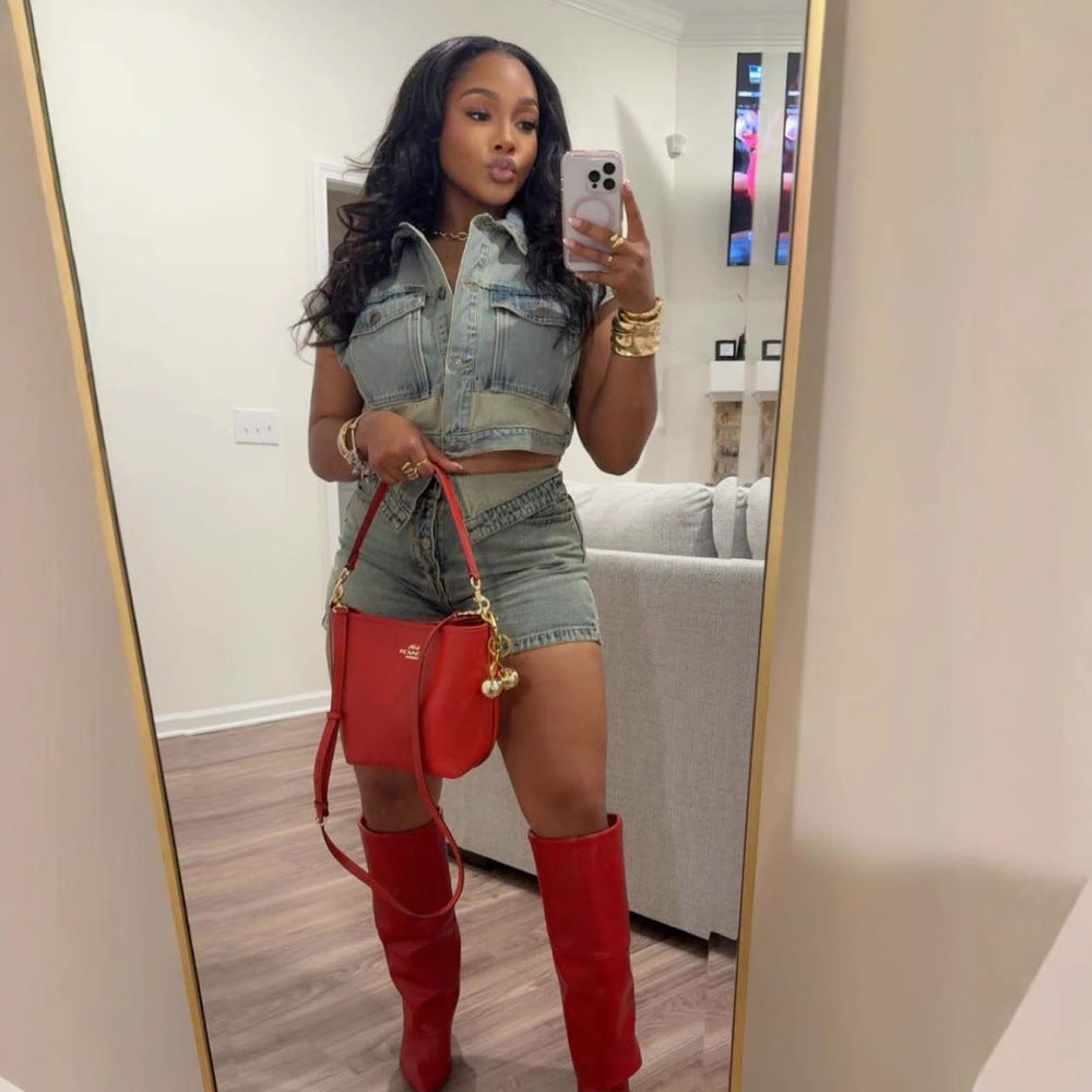 Women Casual Stretchy Denim Top and Shorts Two-Piece Set 4