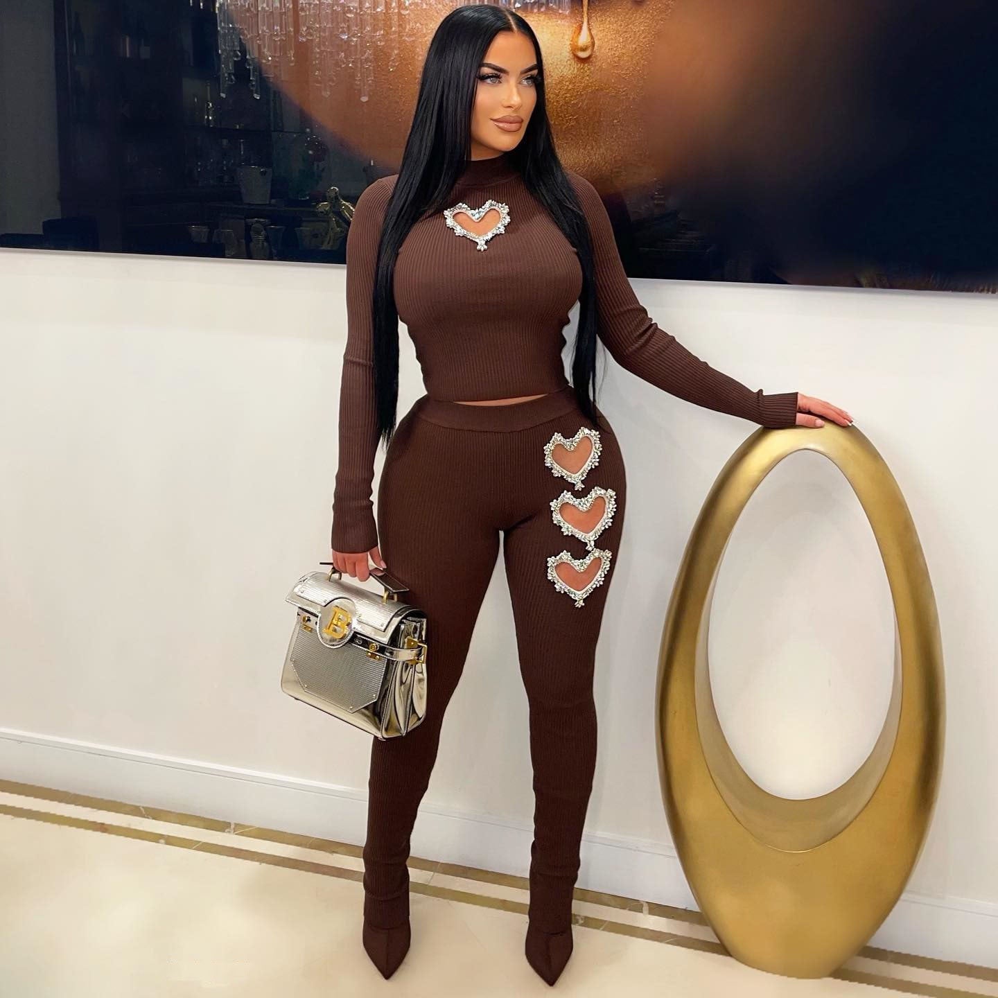 Women's Heart-Shaped Beaded Solid Color Two Piece Pants Set 19