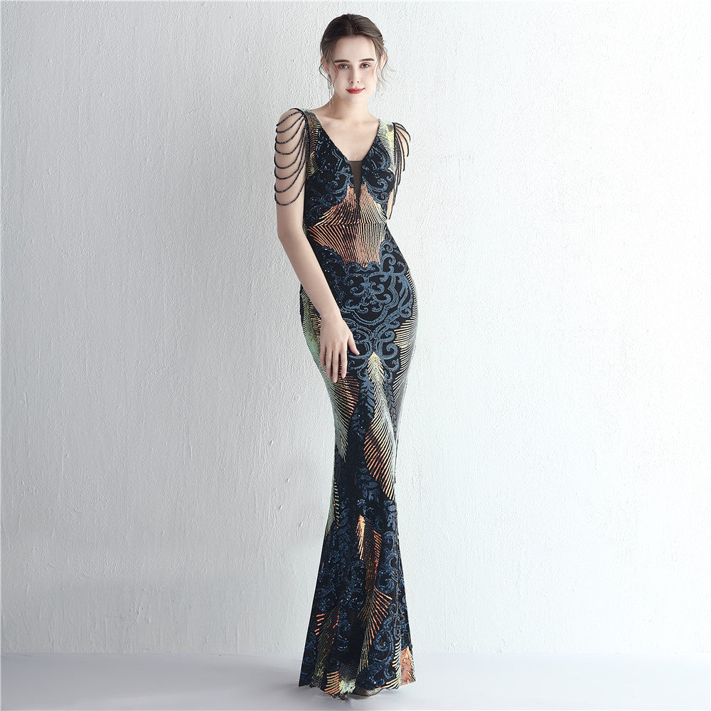 Elegant Positioning Flower Sequined Beaded Short-Sleeved Long Fishtail Evening Dress 9