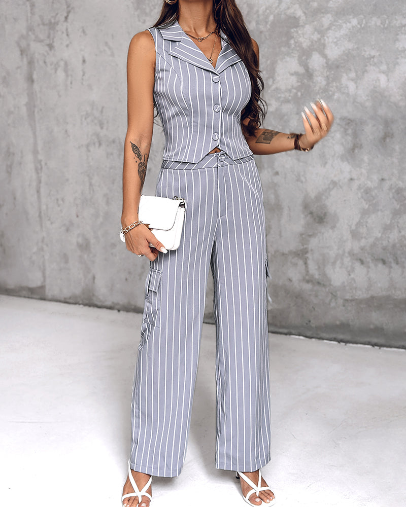 Women Sleeveless Turndown Collar Striped Top and Pant Two Piece Set 5