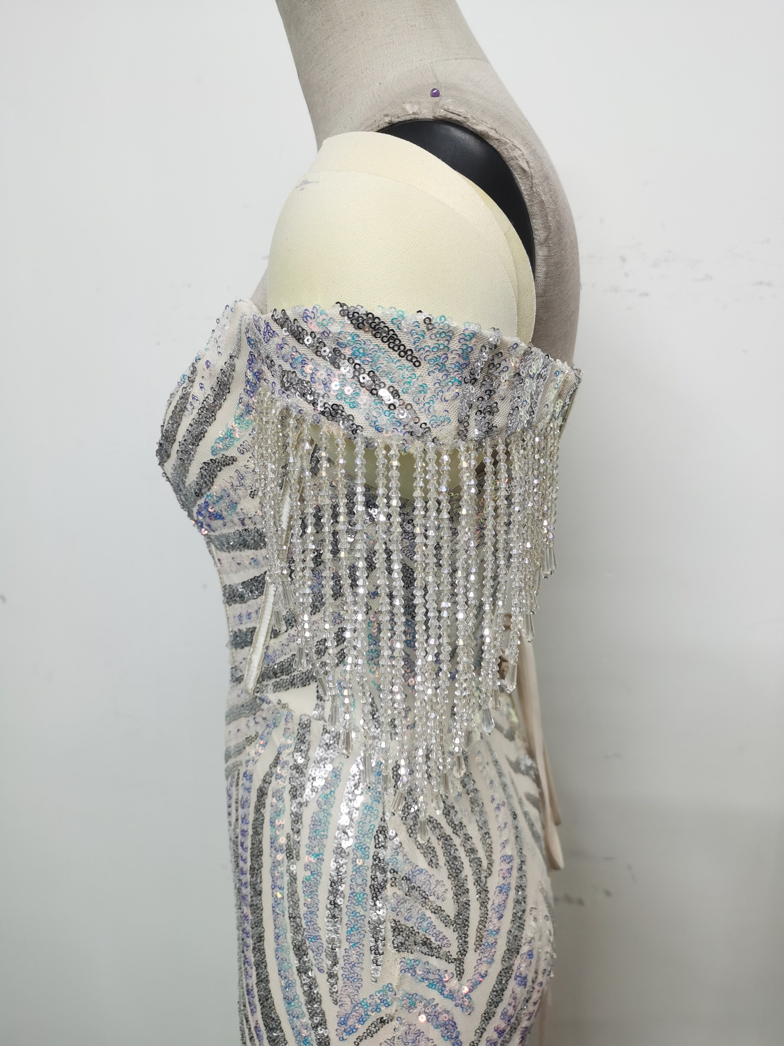 Off Shoulder Tassels Fishbone Slim Waist Lace-Up Sequin Evening Dress 21