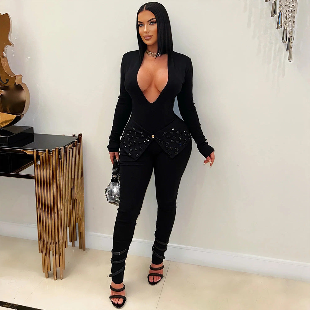 Sexy solid color long sleeves V-neck beaded jumpsuit 5